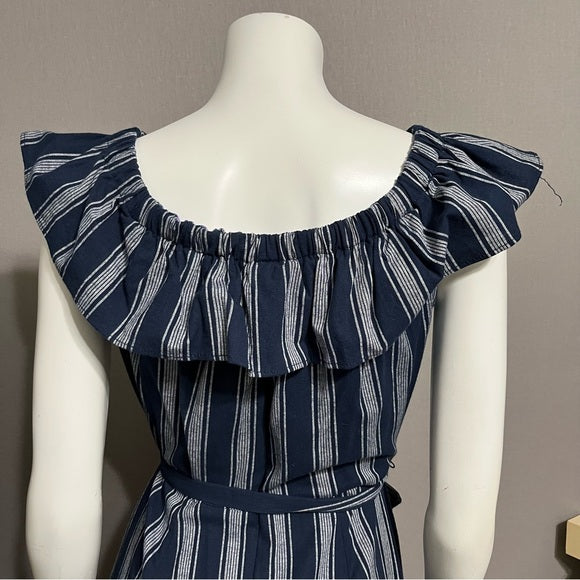 Vivi by Violet Weekend Ruffle Collar Navy Cotton Striped Dress Sz-Medium