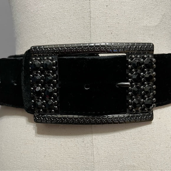 Chico’s Black Velvet Leather Gunmetal Gray Rhinestone Belt Sz-Small/Medium