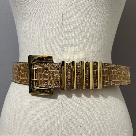 Escada Brown Patent Textured Leather With Gold Buckle Belt Sz-Medium