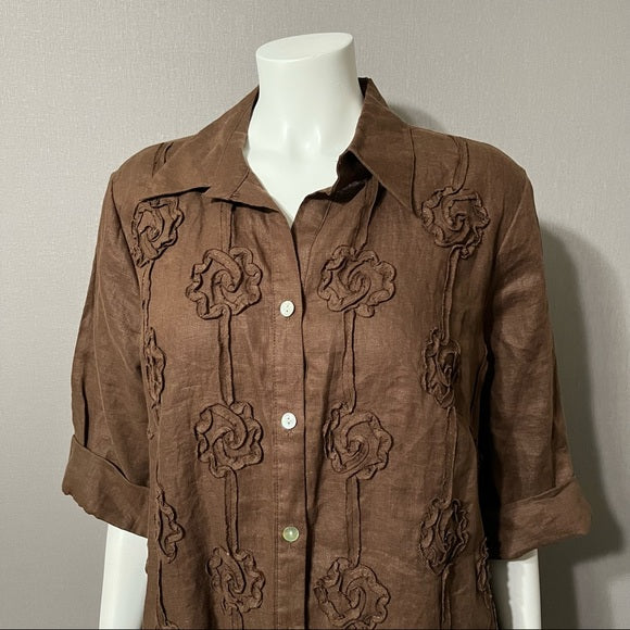 Edward Women Chocolate Linen Raise Floral Shirt Sz-1X