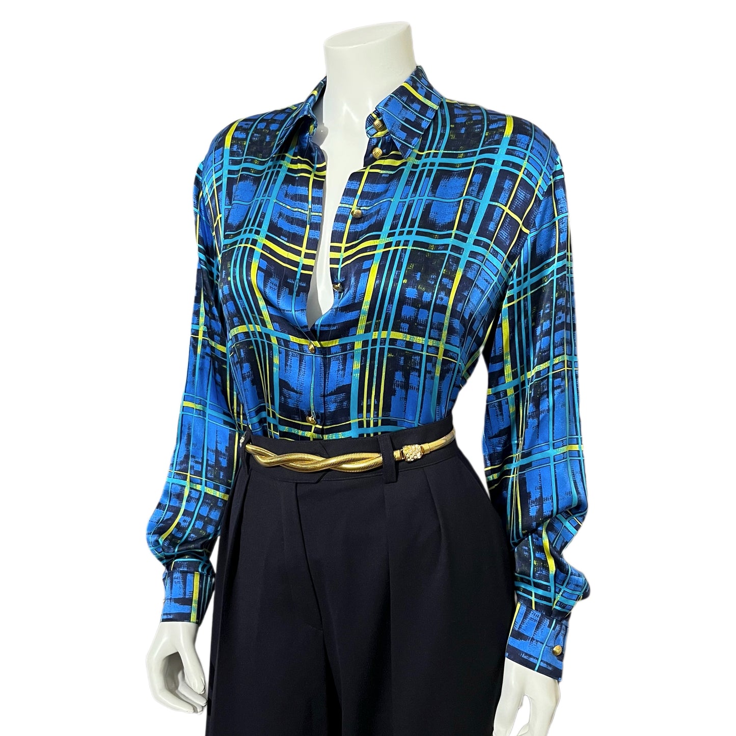 Vintage Escada Blue Stripe 100% Silk Gold Button Blouse Sz-8