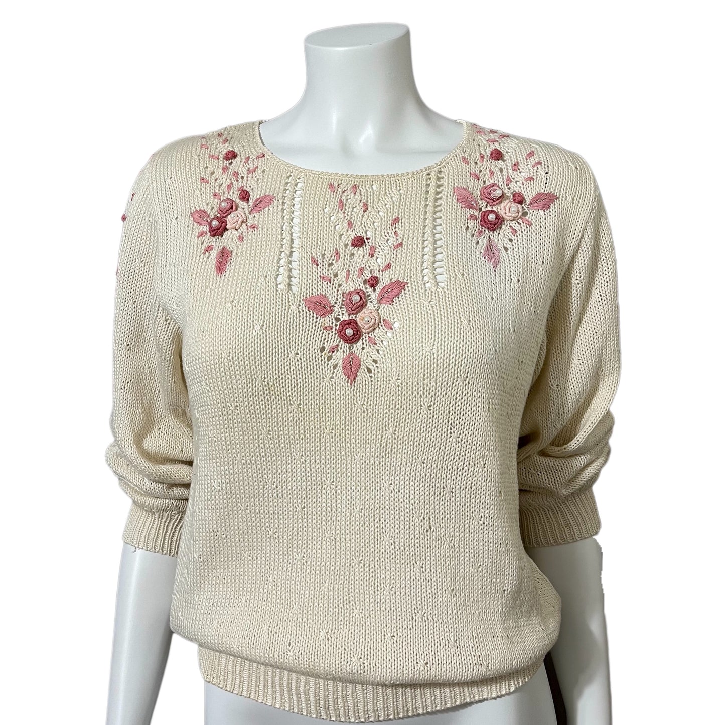 Vintage Miramar 100% Cotton Floral Pearl Beaded Sweater Sz-Small