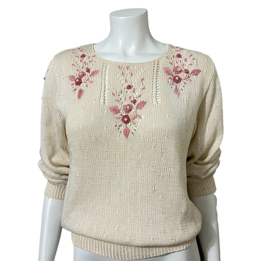 Vintage Miramar 100% Cotton Floral Pearl Beaded Sweater Sz-Small