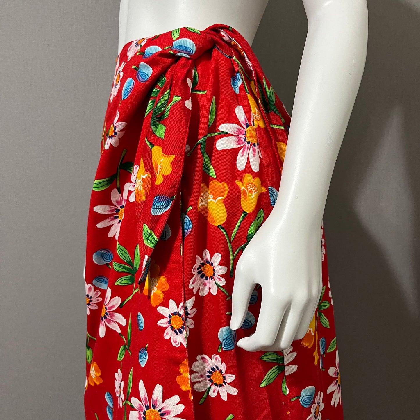 Vintage Floral Red Wrap Maxi Cotton Skirt Sz-Xtra Large