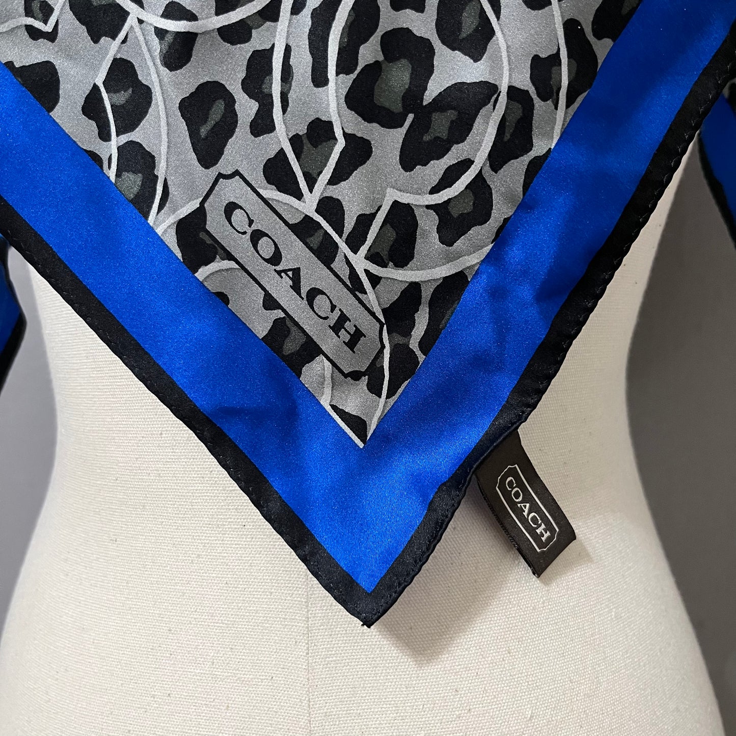 Coach Signature Blue/Silver/Black Animal Print Silk Scarf