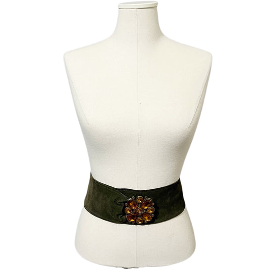 Vintage Olive Green Wide Suede Leather With Floral Buckle Belt Sz-XL