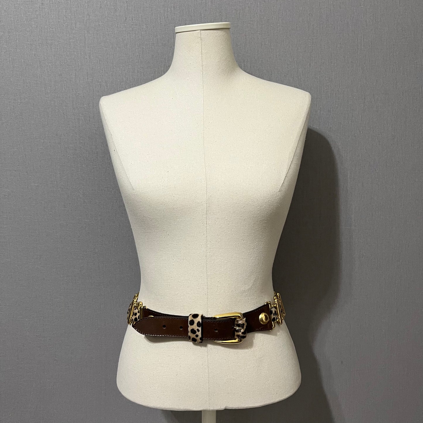 Vintage Doppia Vita Leopard Calf Hair Gold Tone Links Leather Belt Sz-OS