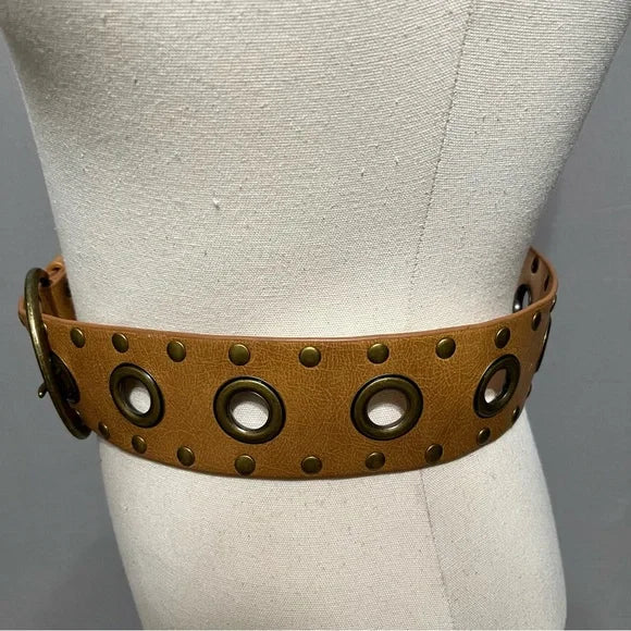 Cognac Wide Belt With Metal Circle Details Large