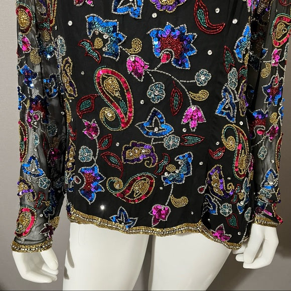 Vintage Sequin Silk Black With Sheer Sleeve Sweatheart Neckline Sz-Xtra Large