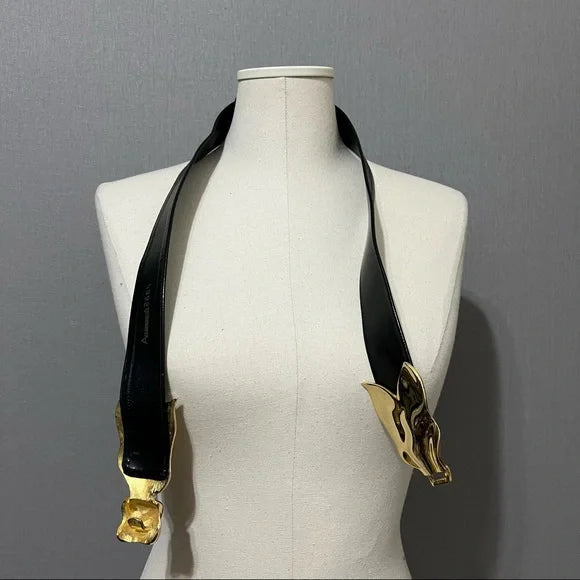 Vintage Black Leather Gold Floral Buckle Adjustable Belt Sz-Small/Large
