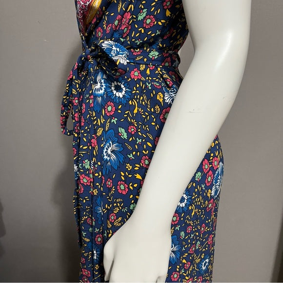 Floral V-Neck 100% Cotton Multicolored Maxi Wrap Dress Sz-Medium