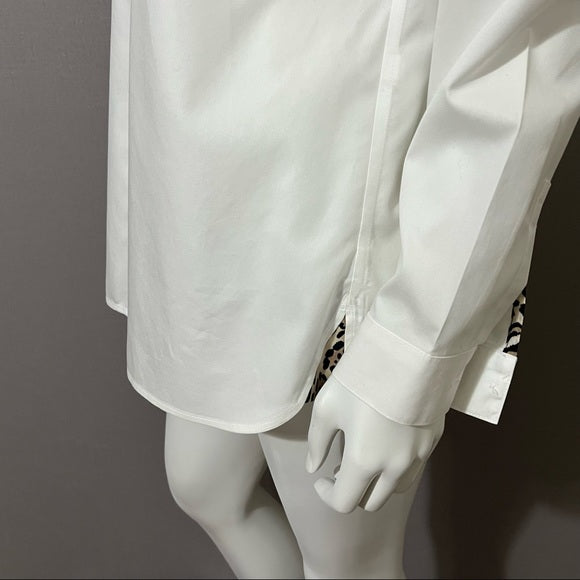 Chico’s White with Leopard Pocket Cotton Button Front Shirt Sz 1 (Medium)