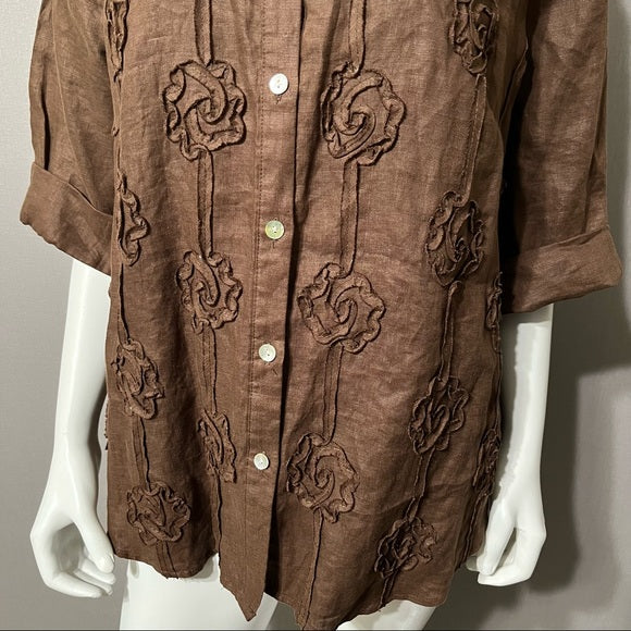 Edward Women Chocolate Linen Raise Floral Shirt Sz-1X