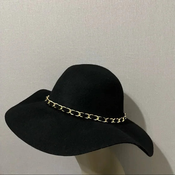 Black 100% Wool Floppy With Gold Chain Hat Sz-One Size