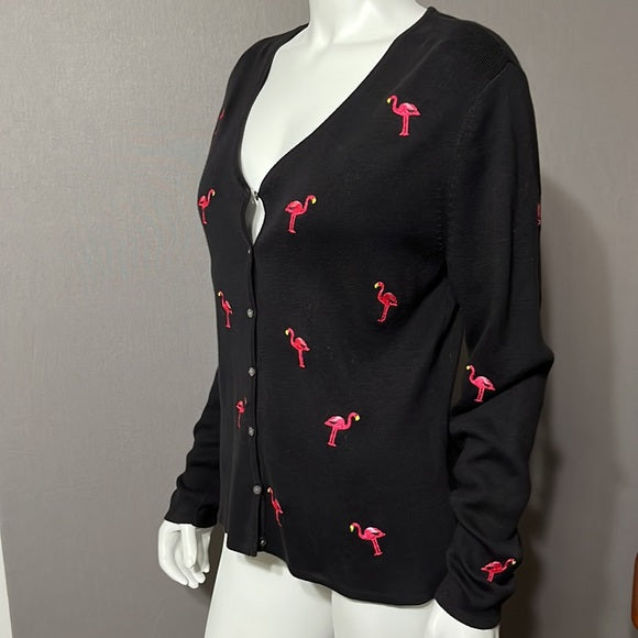 Mercer & Madison Black V-neck Cardigan Flamingo Print Sz- Large
