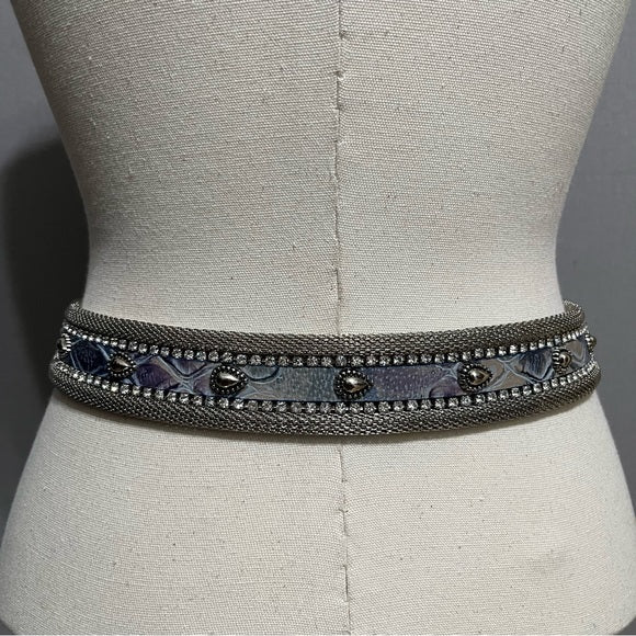 Blue Rhinestones Silver Metal Made In Italy Leather Belt Sz-Large