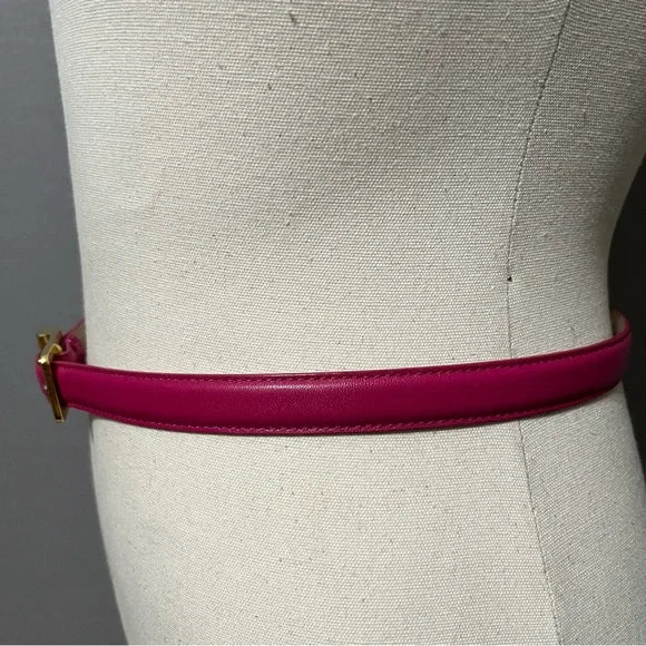 Pink Leather Skinny Belt With Gold Buckle Sz-Large