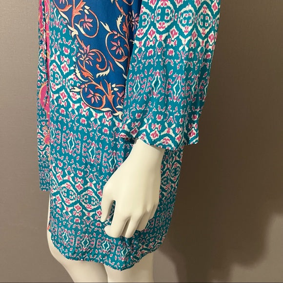 Tolani Multi-Color Silk Tunic Top Exposed Shoulder Long Sleeve Sz Large