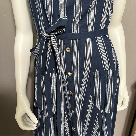 Vivi by Violet Weekend Ruffle Collar Navy Cotton Striped Dress Sz-Medium