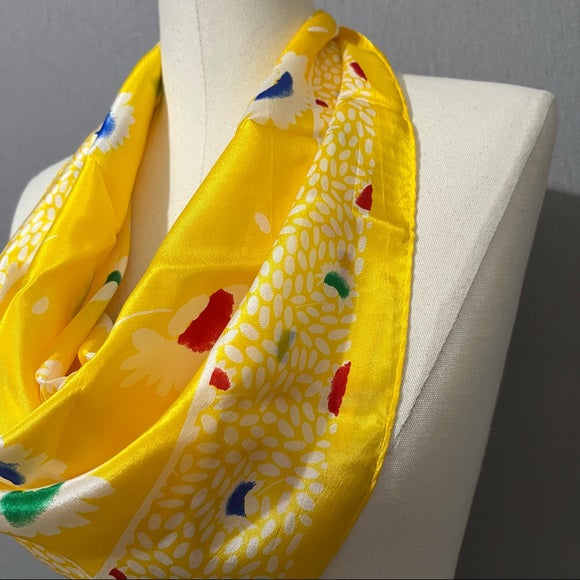 Yellow Rainbow Floral Print Silk Scarf