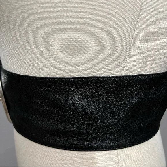 Vintage Black Leather Wide With Large Circle Buckle