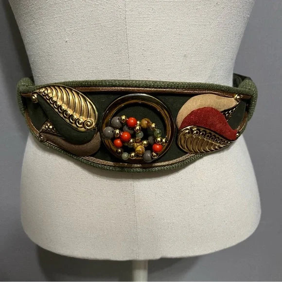 Carolyn Tanner Vintage Suede Leather Green Beaded Belt Adjustable