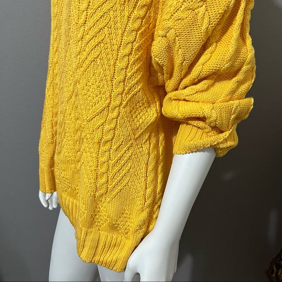 Wainscott Mustard Yellow Cotton Chunky Cable Knit Turtleneck Sz-Large