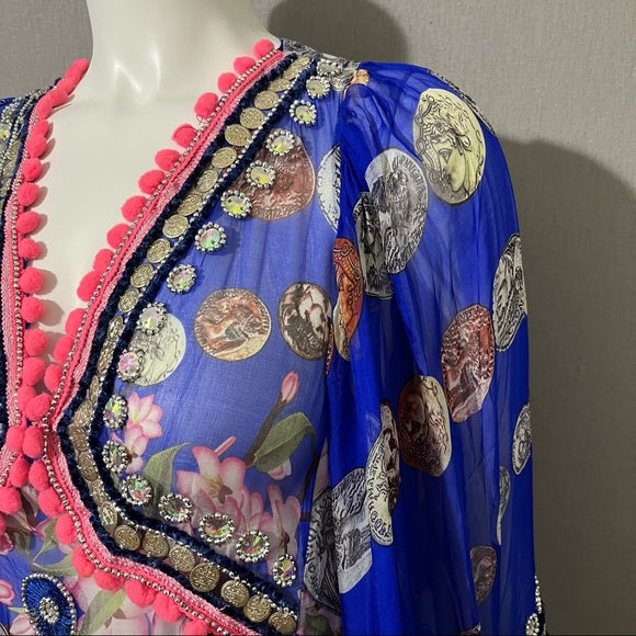Jode Royal Blue | Pink Silk Pom Pom Tunic Top 3/4 Sleeve Sz Extra Large