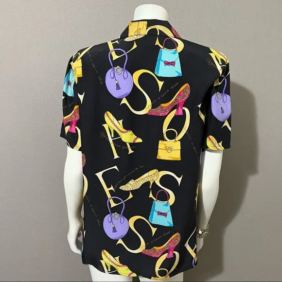 Vintage Black Silk Artsy Button Front Short Sleeve Shirt Sz-12