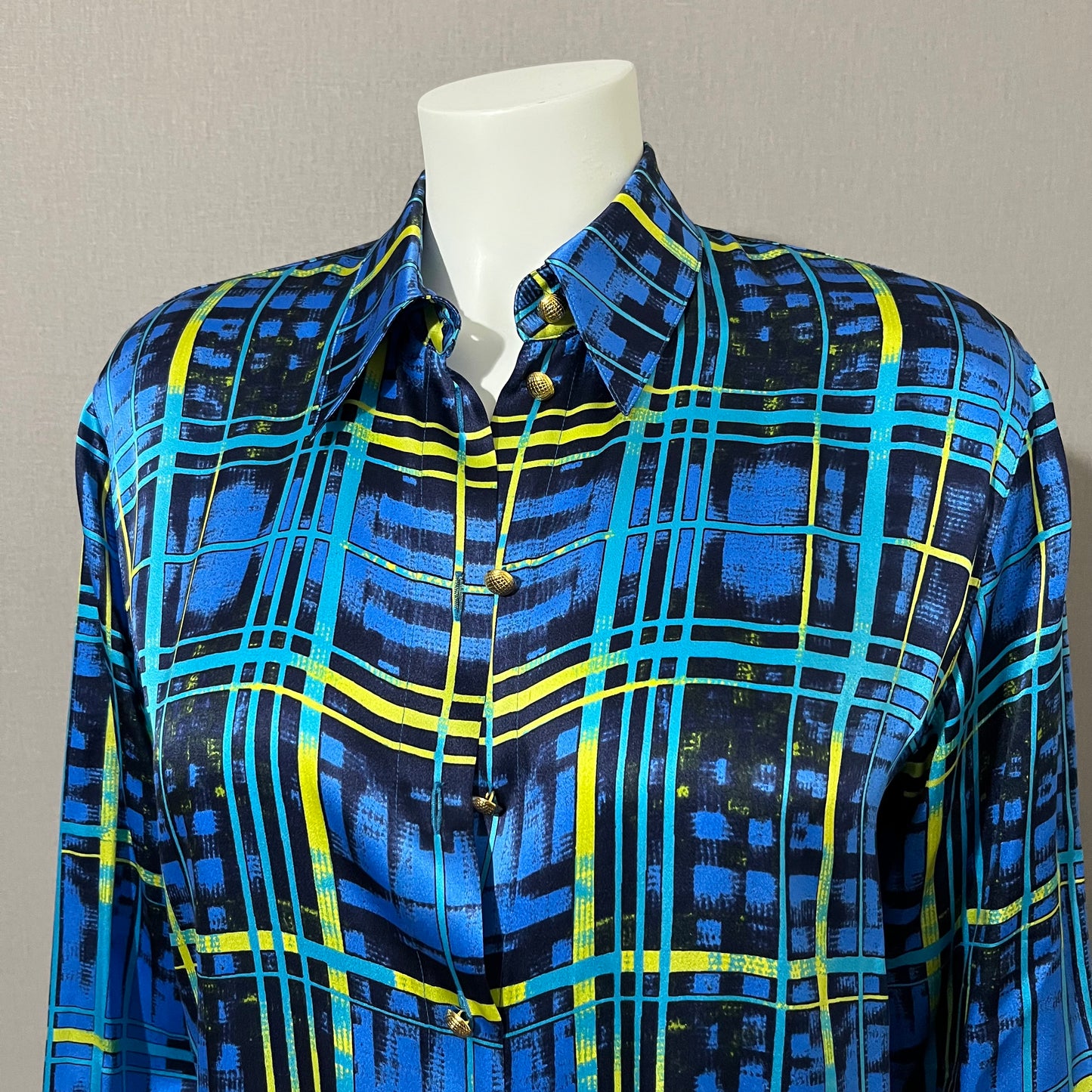 Vintage Escada Blue Stripe 100% Silk Gold Button Blouse Sz-8