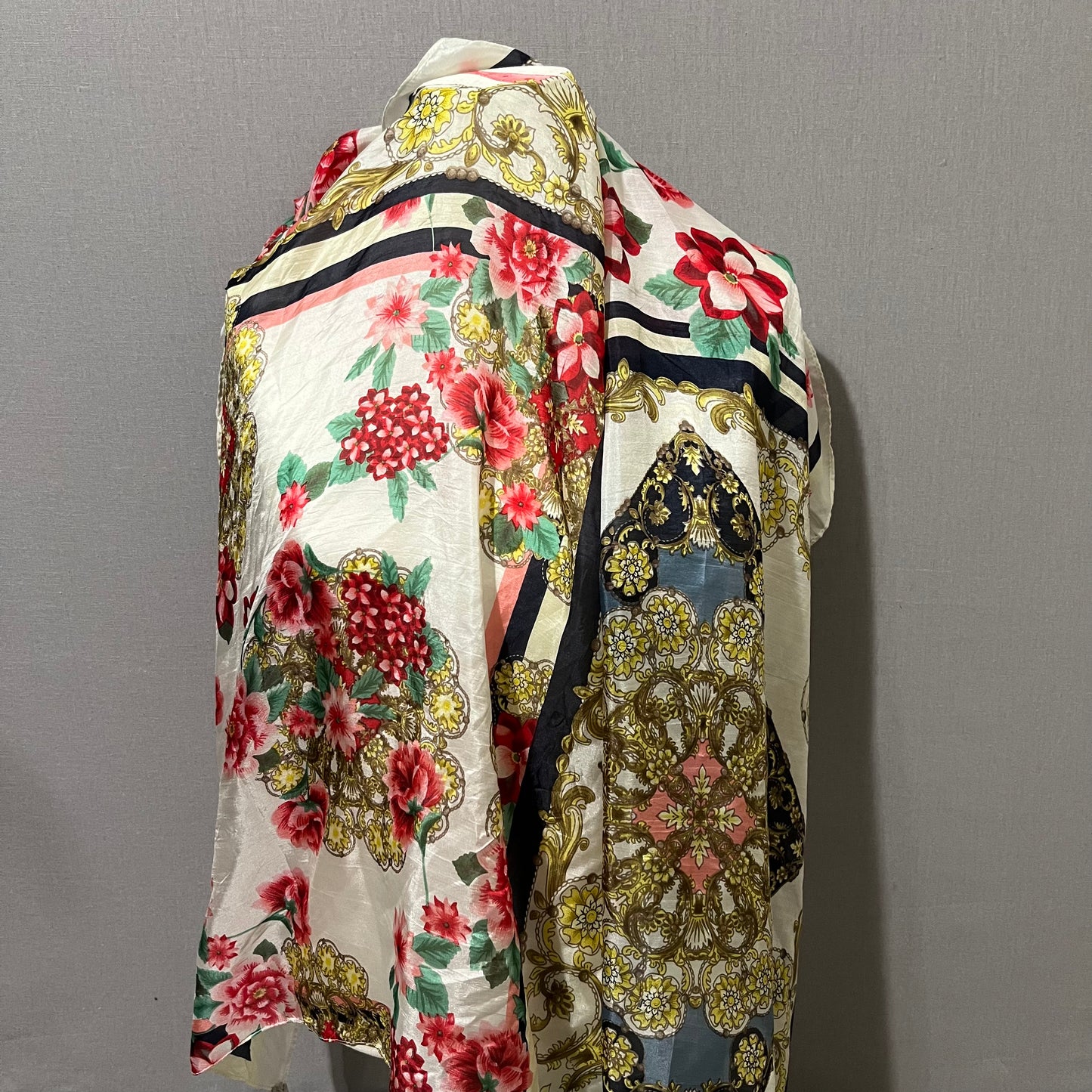 Johnny Was Floral Silk With Tassels Scarf OS