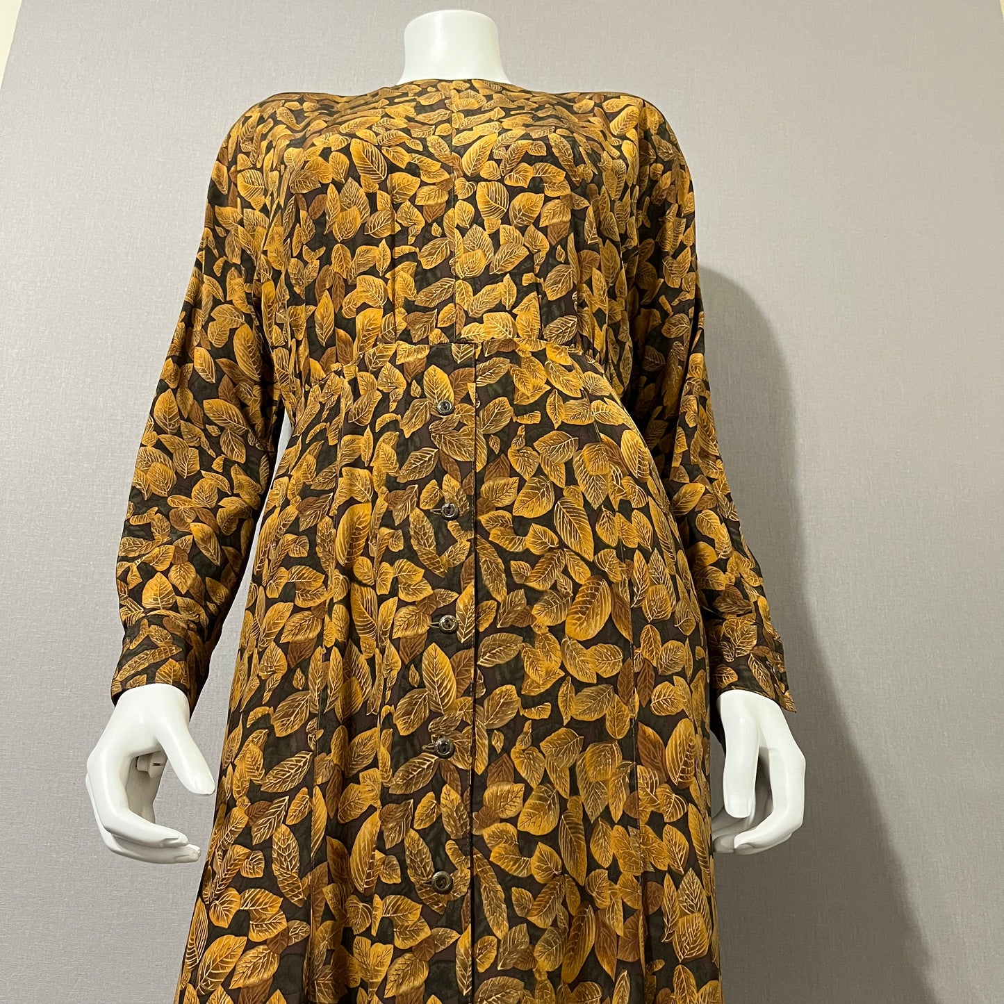 Vintage Gillian Silk Leaf Print MIDI Long Sleeve Dress Sz-4