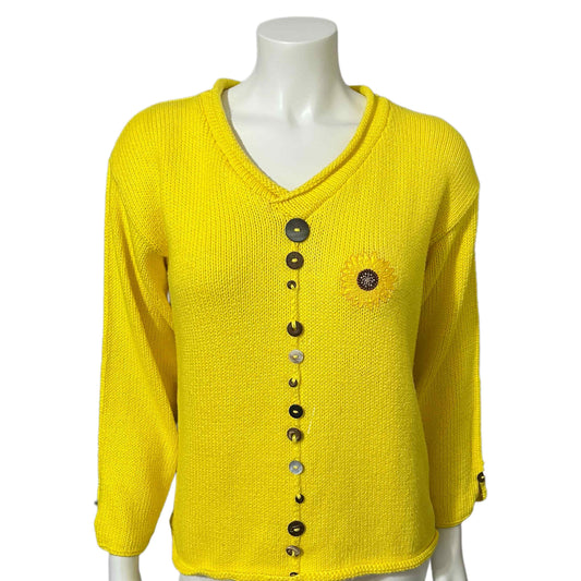 Yellow Pure Hand-Knit V-Neck Textured Button Sweater Sz-Small/Medium