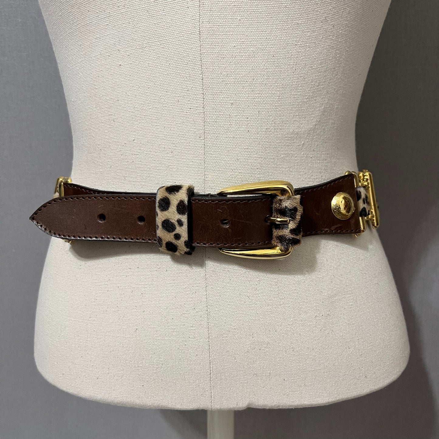 Vintage Doppia Vita Leopard Calf Hair Gold Tone Links Leather Belt Sz-OS