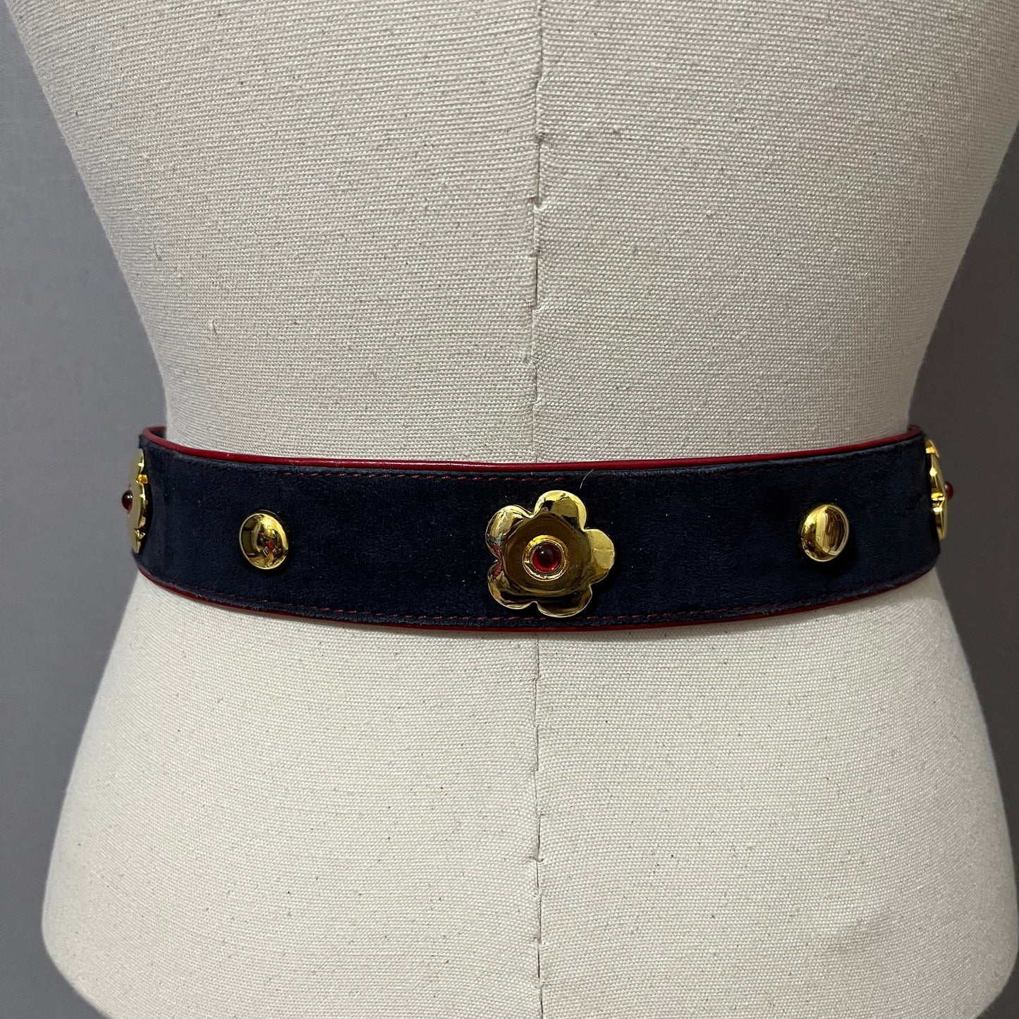 Vintage Escada Blue Suede With Red Leather Trim Belt Sz-40