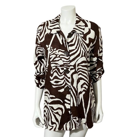 Jones New York Brown Linen Zebra Print Shirt Sz- Small/Medium