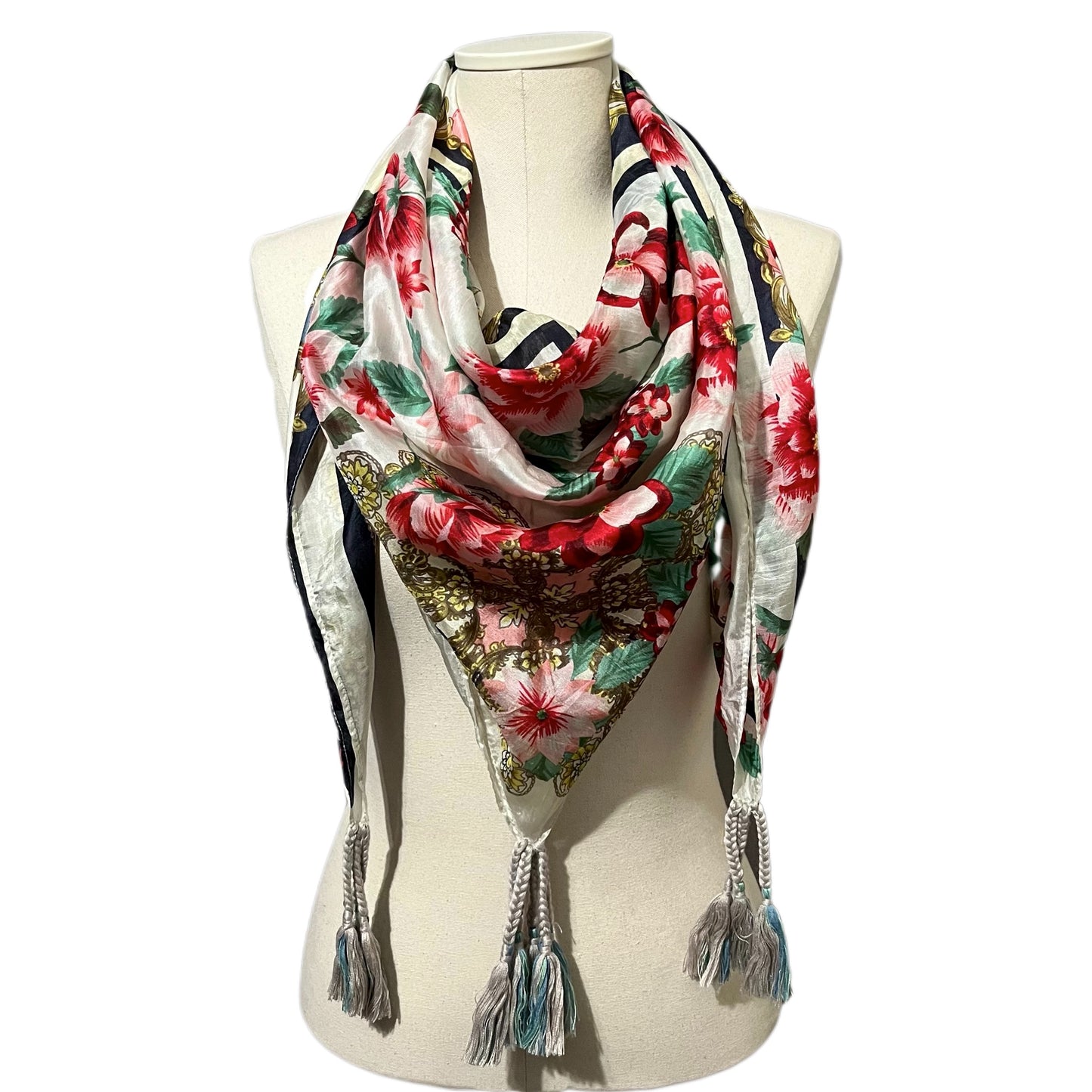 Johnny Was Floral Silk With Tassels Scarf OS