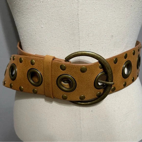 Cognac Wide Belt With Metal Circle Details Large