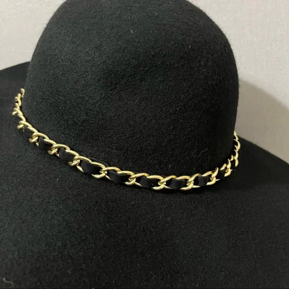 Black 100% Wool Floppy With Gold Chain Hat Sz-One Size