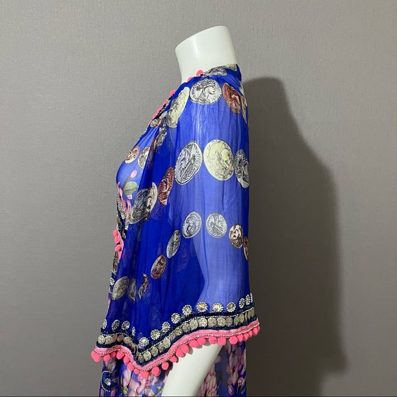 Jode Royal Blue | Pink Silk Pom Pom Tunic Top 3/4 Sleeve Sz Extra Large
