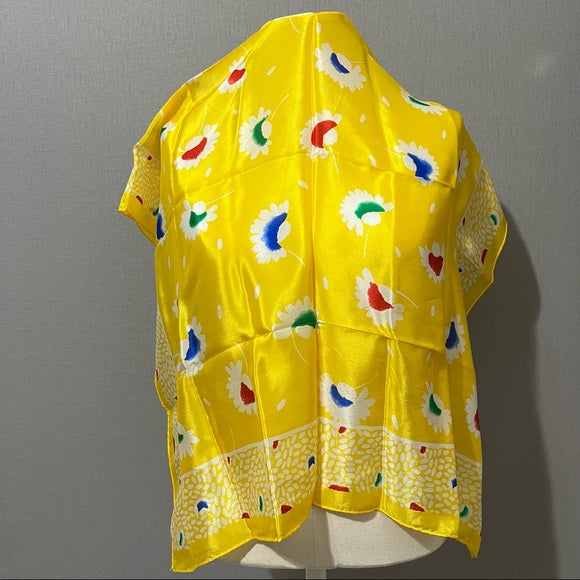 Yellow Rainbow Floral Print Silk Scarf