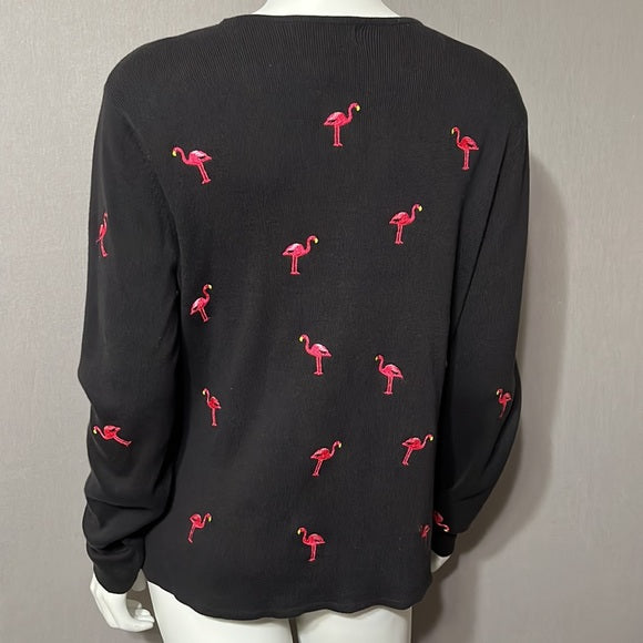 Mercer & Madison Black V-neck Cardigan Flamingo Print Sz- Large