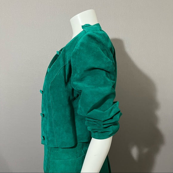 Vintage Cedars Green 2 Pc Suede Leather Skirt Suit Set Sz-Medium/Large