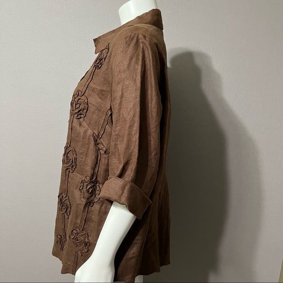 Edward Women Chocolate Linen Raise Floral Shirt Sz-1X