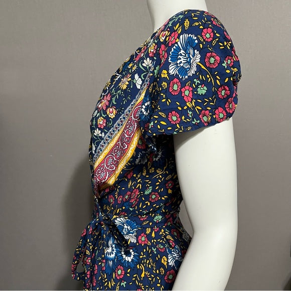 Floral V-Neck 100% Cotton Multicolored Maxi Wrap Dress Sz-Medium