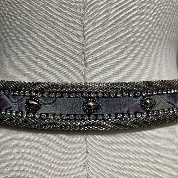Blue Rhinestones Silver Metal Made In Italy Leather Belt Sz-Large
