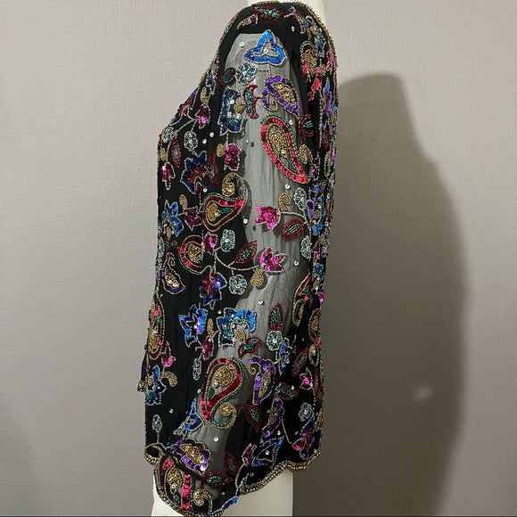 Vintage Sequin Silk Black With Sheer Sleeve Sweatheart Neckline Sz-Xtra Large