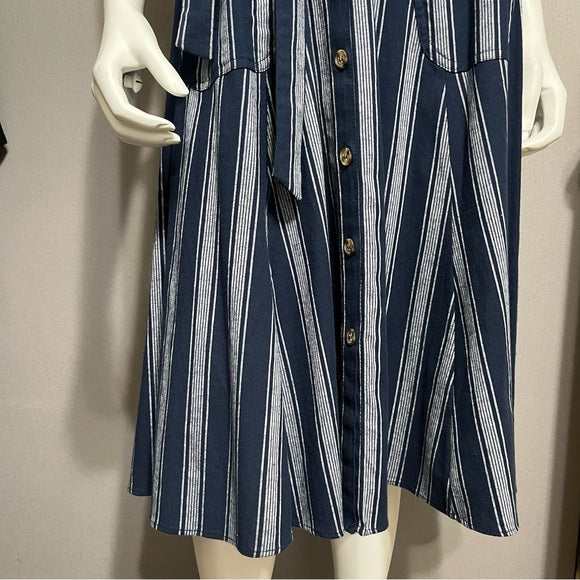Vivi by Violet Weekend Ruffle Collar Navy Cotton Striped Dress Sz-Medium