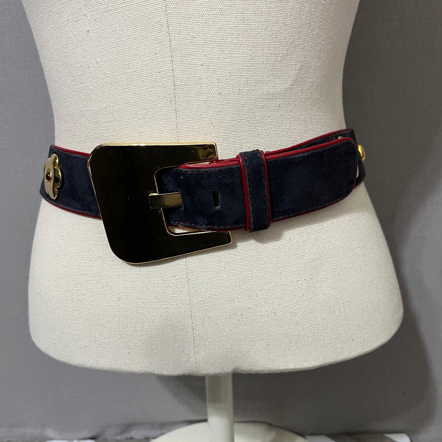 Vintage Escada Blue Suede With Red Leather Trim Belt Sz-40