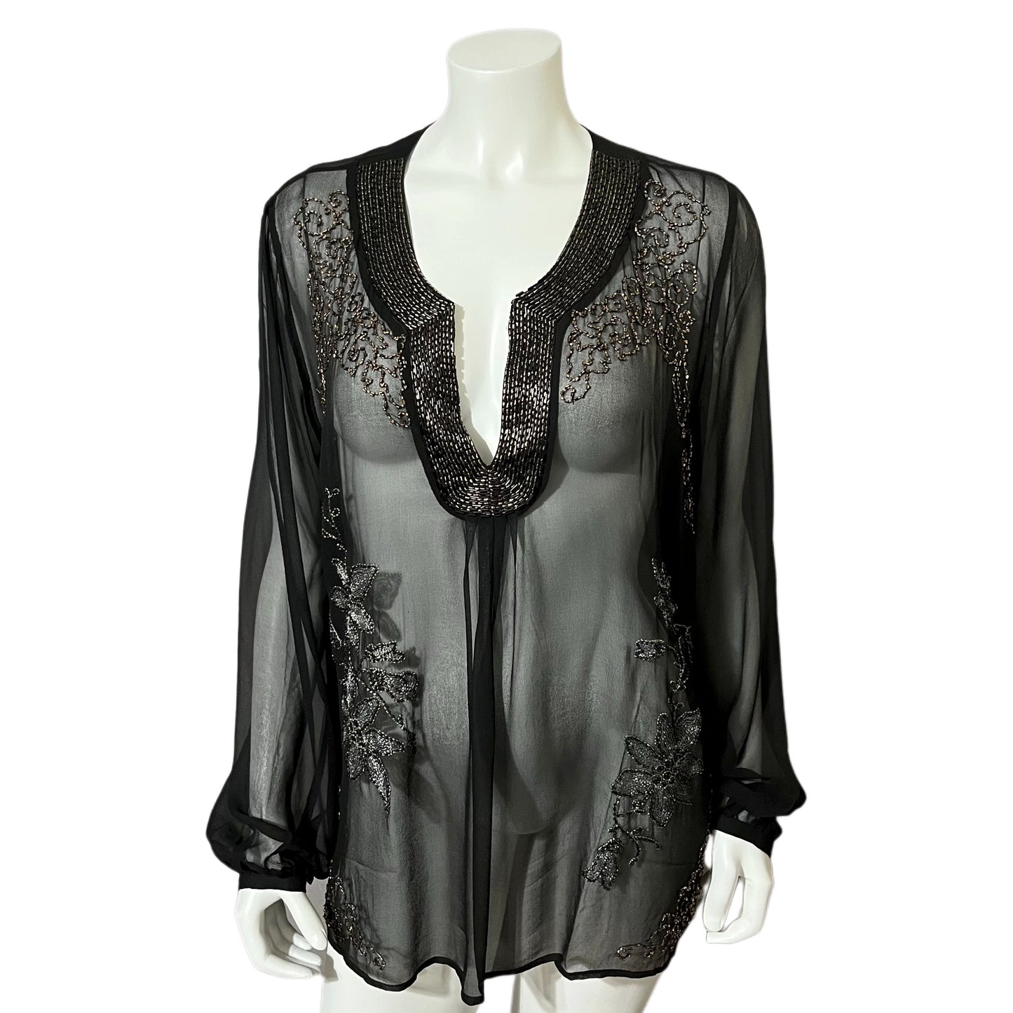 Neiman Marcus Black Beaded Sheer 100% Silk Top Sz-Large